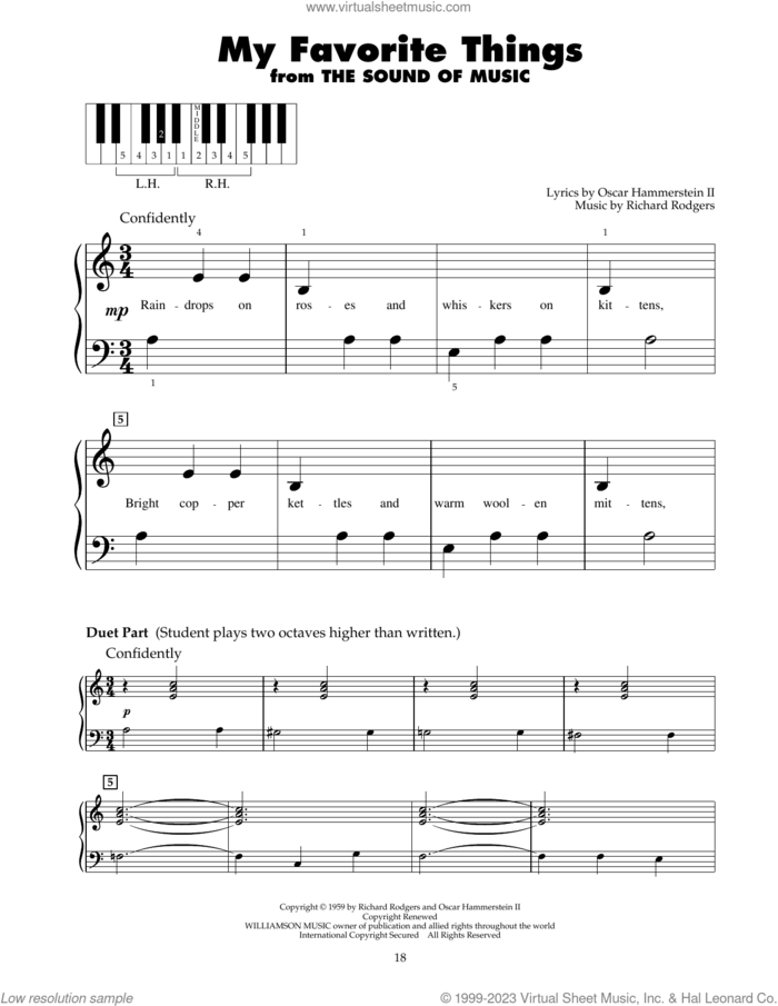 My Favorite Things (from The Sound Of Silence) sheet music for piano solo (5-fingers) by Richard Rodgers, Oscar II Hammerstein and Rodgers & Hammerstein, beginner piano (5-fingers)