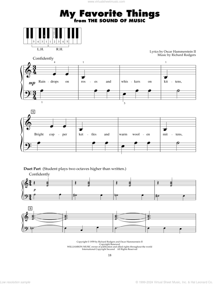 My Favorite Things (from The Sound Of Silence) sheet music for piano solo (5-fingers) by Richard Rodgers, Oscar II Hammerstein and Rodgers & Hammerstein, beginner piano (5-fingers)