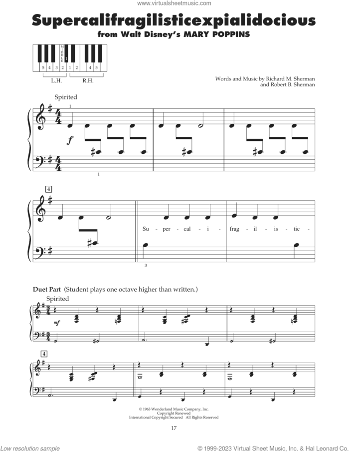 Supercalifragilisticexpialidocious (from Mary Poppins) sheet music for piano solo (5-fingers) by Richard M. Sherman, Robert B. Sherman and Sherman Brothers, beginner piano (5-fingers)