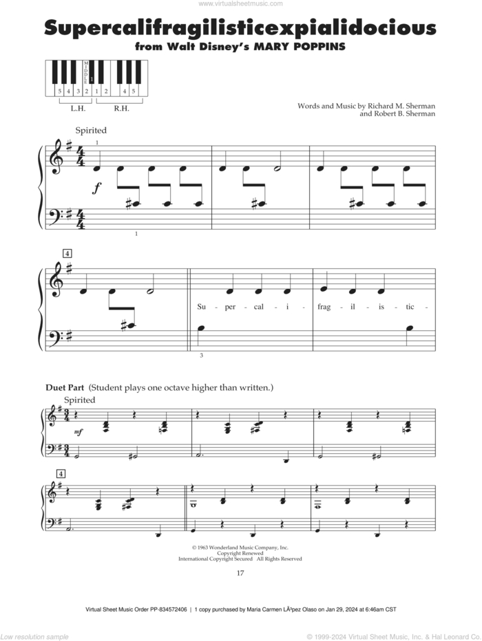 Supercalifragilisticexpialidocious (from Mary Poppins) sheet music for piano solo (5-fingers) by Richard M. Sherman, Robert B. Sherman and Sherman Brothers, beginner piano (5-fingers)