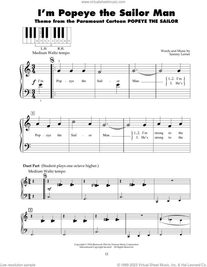 I'm Popeye The Sailor Man sheet music for piano solo (5-fingers) by Sammy Lerner, beginner piano (5-fingers)