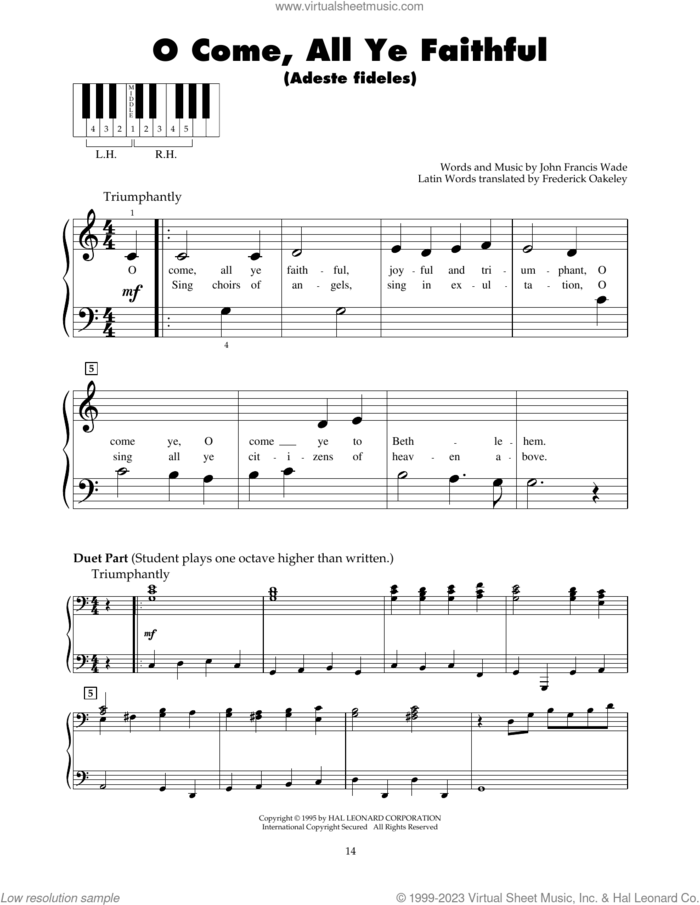 O Come, All Ye Faithful sheet music for piano solo (5-fingers) by John Francis Wade and Frederick Oakeley (English), beginner piano (5-fingers)