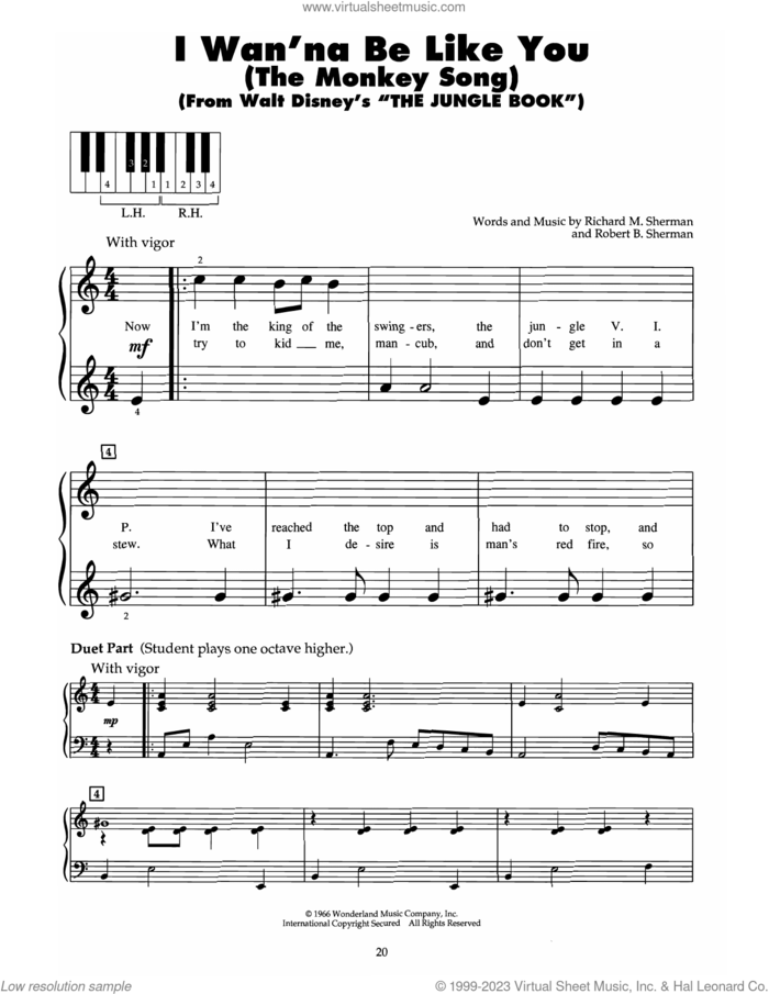 I Wan'na Be Like You (The Monkey Song) (from The Jungle Book) sheet music for piano solo (5-fingers) by Richard M. Sherman, Robert B. Sherman and Sherman Brothers, beginner piano (5-fingers)