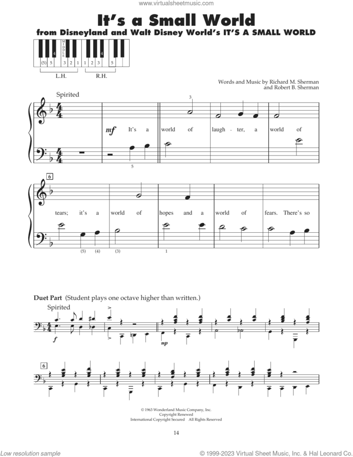 It's A Small World sheet music for piano solo (5-fingers) by Richard M. Sherman, Robert B. Sherman and Sherman Brothers, beginner piano (5-fingers)