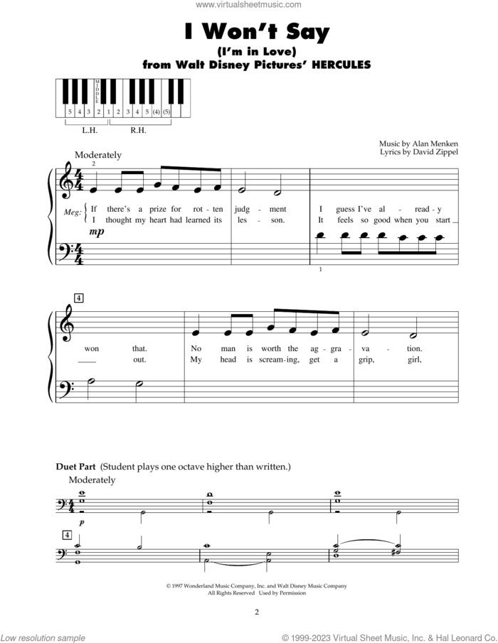 I Won't Say (I'm In Love) (from Hercules) sheet music for piano solo (5-fingers) by Alan Menken and David Zippel, beginner piano (5-fingers)