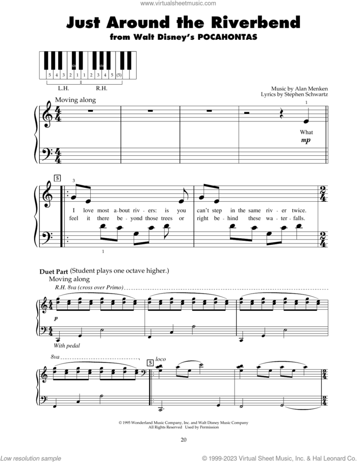 Just Around The Riverbend (from Pocahontas) sheet music for piano solo (5-fingers) by Alan Menken and Stephen Schwartz, beginner piano (5-fingers)