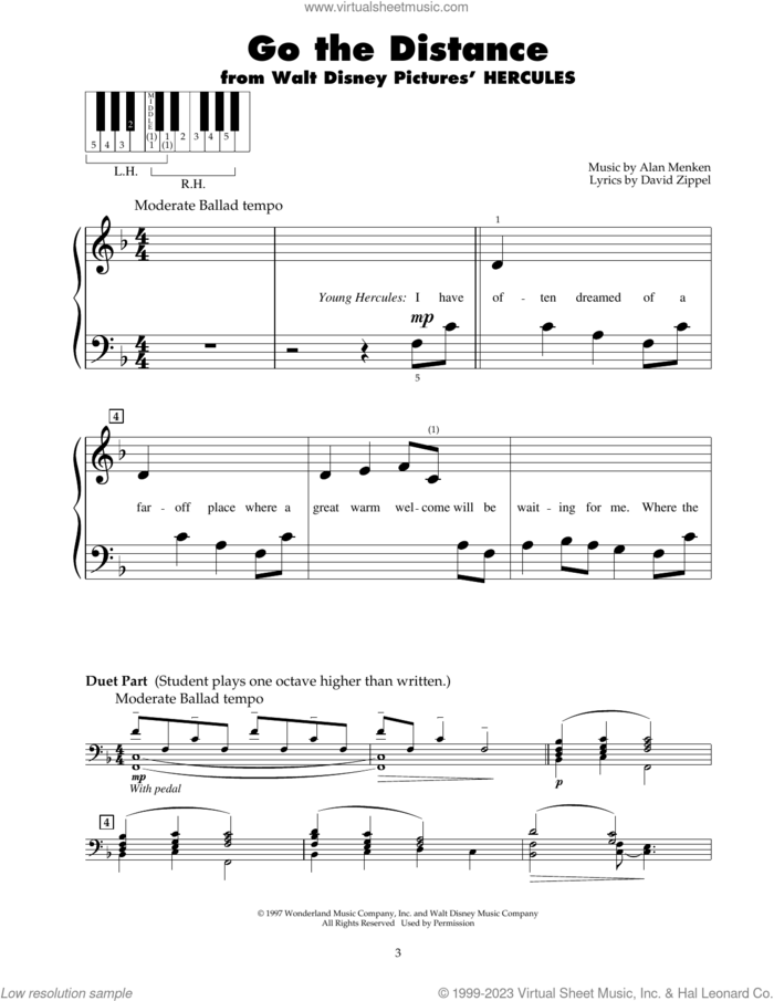 Go The Distance (from Hercules) sheet music for piano solo (5-fingers) by Alan Menken, Michael Bolton and David Zippel, beginner piano (5-fingers)