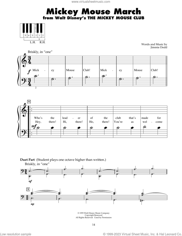Mickey Mouse March (from The Mickey Mouse Club) sheet music for piano solo (5-fingers) by Jimmie Dodd, beginner piano (5-fingers)