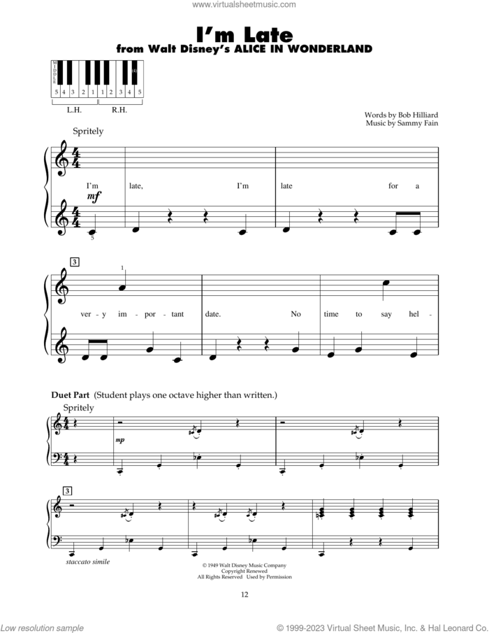 I'm Late (from Alice In Wonderland) sheet music for piano solo (5-fingers) by Sammy Fain and Bob Hilliard, beginner piano (5-fingers)