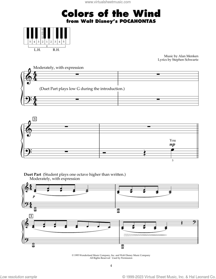 Colors Of The Wind sheet music for piano solo (5-fingers) by Alan Menken, Vanessa Williams and Stephen Schwartz, beginner piano (5-fingers)
