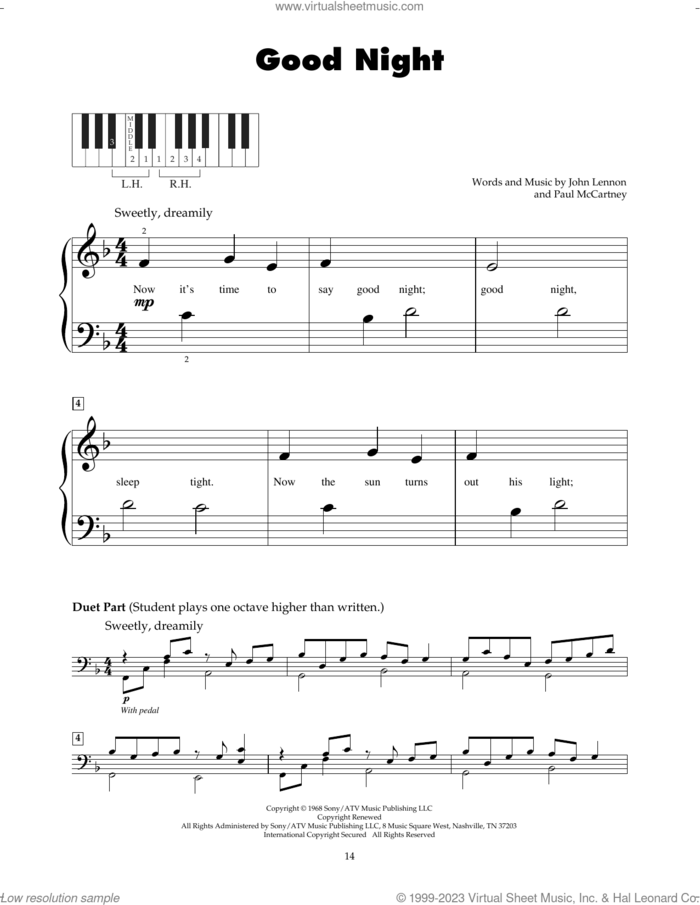 Good Night sheet music for piano solo (5-fingers) by The Beatles, John Lennon and Paul McCartney, beginner piano (5-fingers)