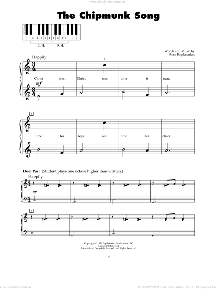 The Chipmunk Song sheet music for piano solo (5-fingers) by Alvin And The Chipmunks, The Chipmunks and Ross Bagdasarian, beginner piano (5-fingers)