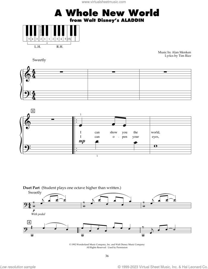 A Whole New World (from Aladdin) sheet music for piano solo (5-fingers) by Alan Menken, Alan Menken & Tim Rice and Tim Rice, beginner piano (5-fingers)