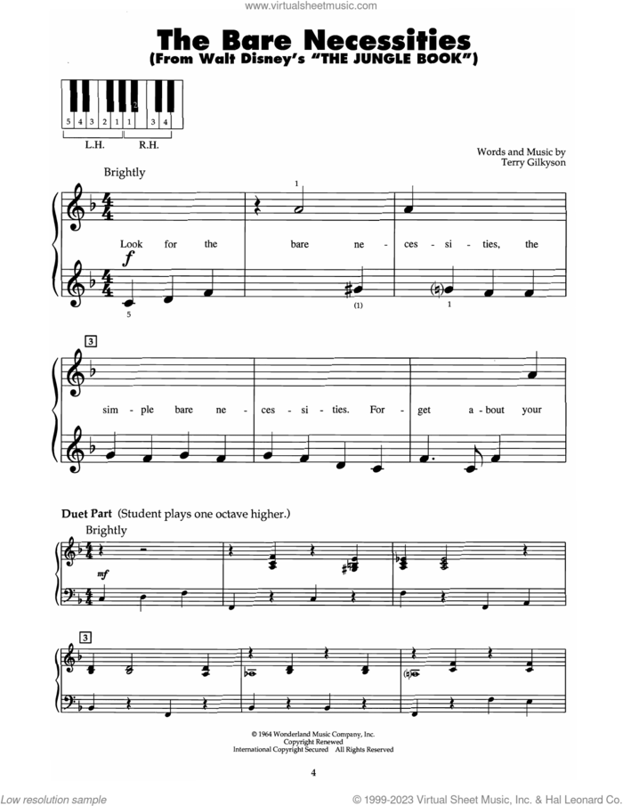 The Bare Necessities (from The Jungle Book) sheet music for piano solo (5-fingers) by Terry Gilkyson, beginner piano (5-fingers)