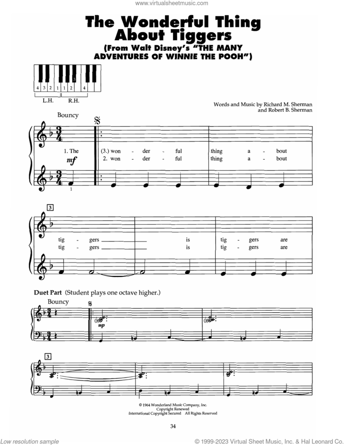 The Wonderful Thing About Tiggers (from The Many Adventures Of Winnie The Pooh) sheet music for piano solo (5-fingers) by Richard M. Sherman, Robert B. Sherman and Sherman Brothers, beginner piano (5-fingers)