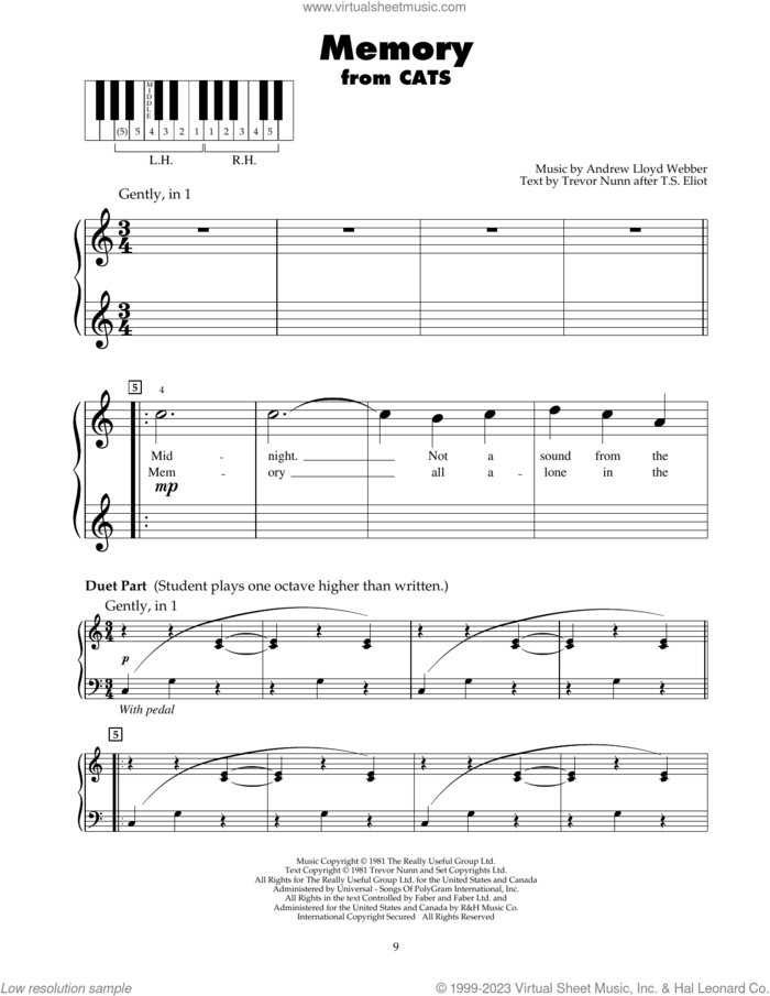 Memory (from Cats) sheet music for piano solo (5-fingers) by Andrew Lloyd Webber and Trevor Nunn, beginner piano (5-fingers)