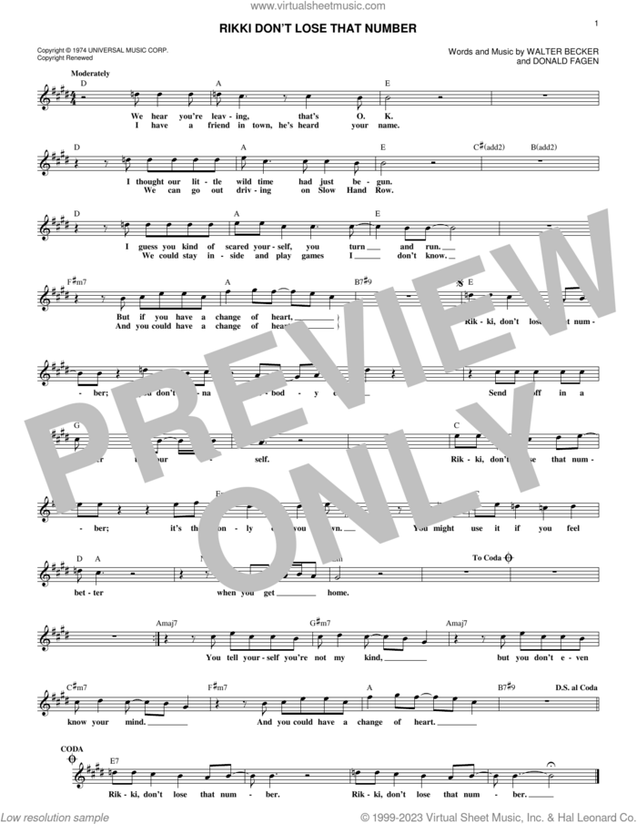 Rikki Don't Lose That Number sheet music for voice and other instruments (fake book) by Steely Dan, Donald Fagen and Walter Becker, intermediate skill level