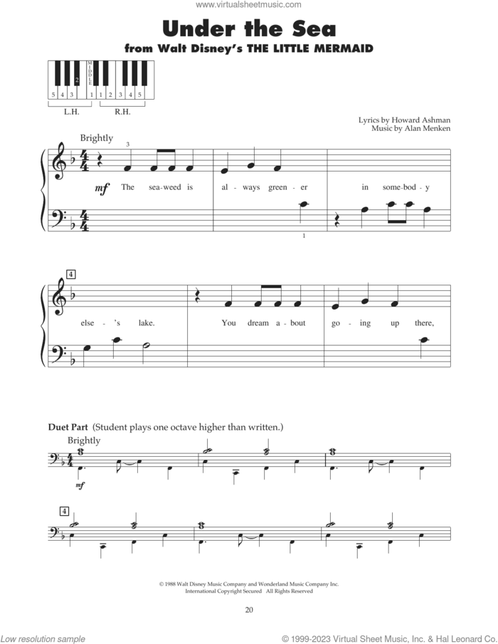 Under The Sea (from The Little Mermaid) sheet music for piano solo (5-fingers) by Alan Menken, Alan Menken & Howard Ashman and Howard Ashman, beginner piano (5-fingers)