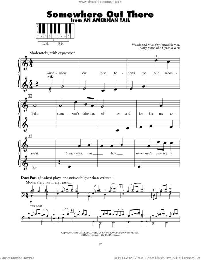 Somewhere Out There (from An American Tail) sheet music for piano solo (5-fingers) by Linda Ronstadt & James Ingram, Barry Mann, Cynthia Weil and James Horner, beginner piano (5-fingers)