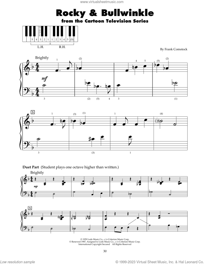 Rocky and Bullwinkle sheet music for piano solo (5-fingers) by Frank Comstock, beginner piano (5-fingers)