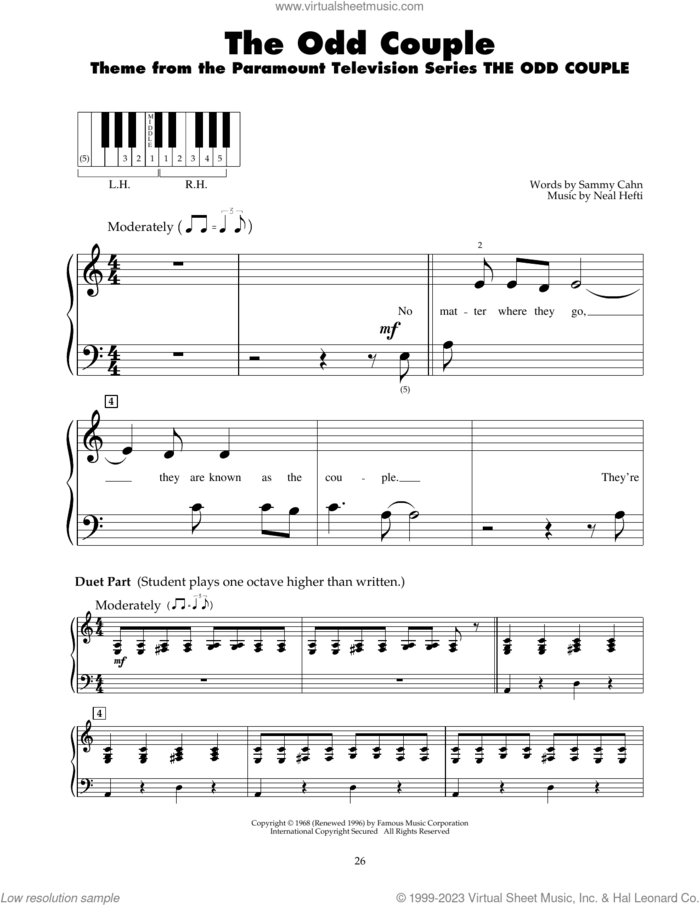 The Odd Couple sheet music for piano solo (5-fingers) by Sammy Cahn and Neal Hefti, beginner piano (5-fingers)