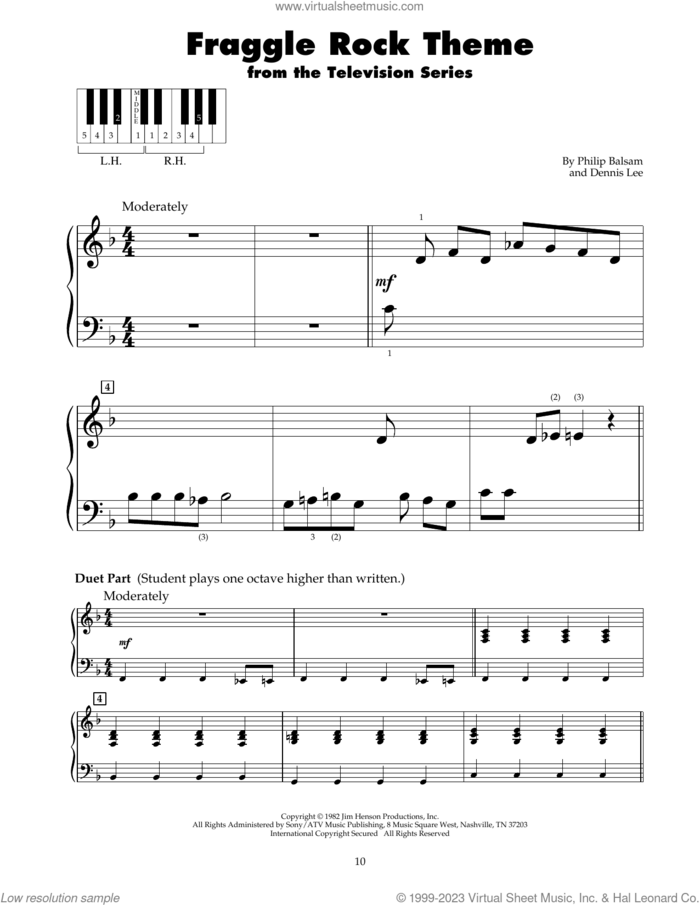 Fraggle Rock Theme sheet music for piano solo (5-fingers) by Philip Balsam and Dennis Beynon Lee, beginner piano (5-fingers)