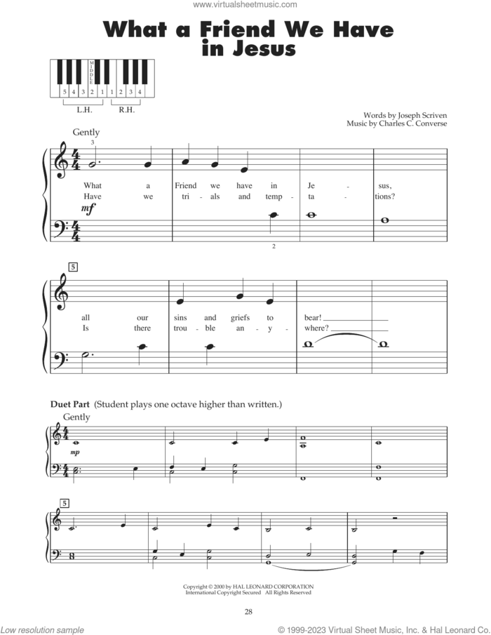 What A Friend We Have In Jesus (arr. Carol Klose) sheet music for piano solo (5-fingers) by Joseph M. Scriven, Carol Klose and Charles C. Converse, beginner piano (5-fingers)
