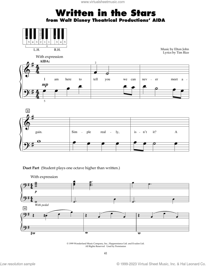 Written In The Stars (from Aida) sheet music for piano solo (5-fingers) by Elton John and Tim Rice, beginner piano (5-fingers)