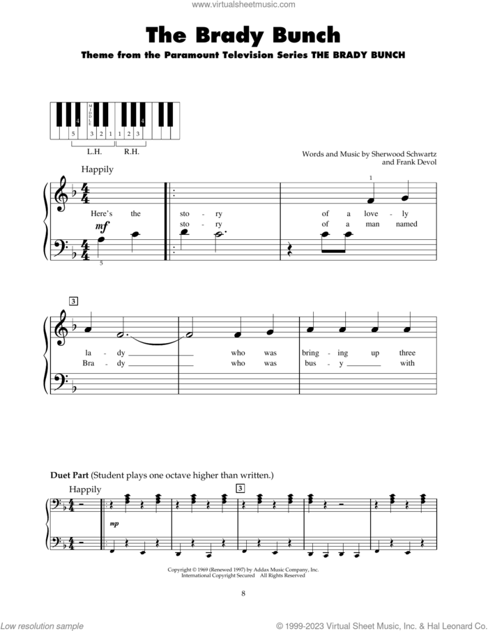 The Brady Bunch sheet music for piano solo (5-fingers) by Frank DeVol and Sherwood Schwartz, beginner piano (5-fingers)