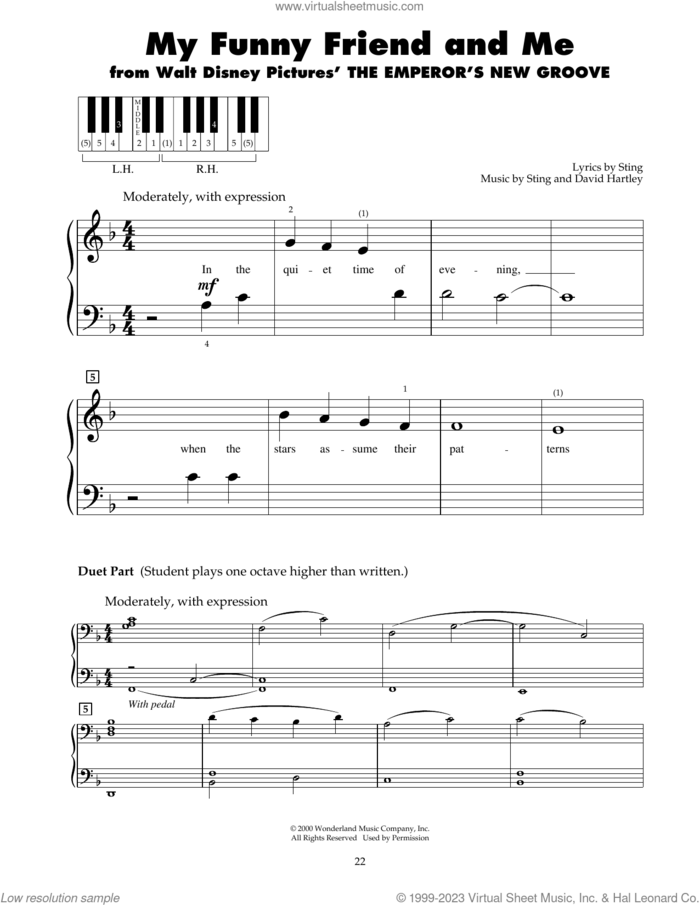 My Funny Friend And Me (from The Emperor's New Groove) sheet music for piano solo (5-fingers) by Sting and David Hartley, beginner piano (5-fingers)