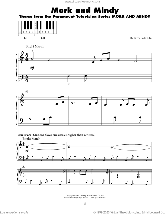 Mork And Mindy sheet music for piano solo (5-fingers) by Perry Botkin, Jr., beginner piano (5-fingers)