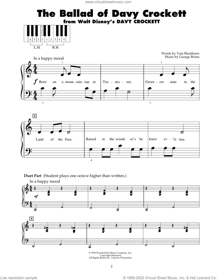 The Ballad Of Davy Crockett sheet music for piano solo (5-fingers) by Fess Parker, Bill Hayes, Tennessee Ernie Ford, George Bruns and Tom Blackburn, beginner piano (5-fingers)