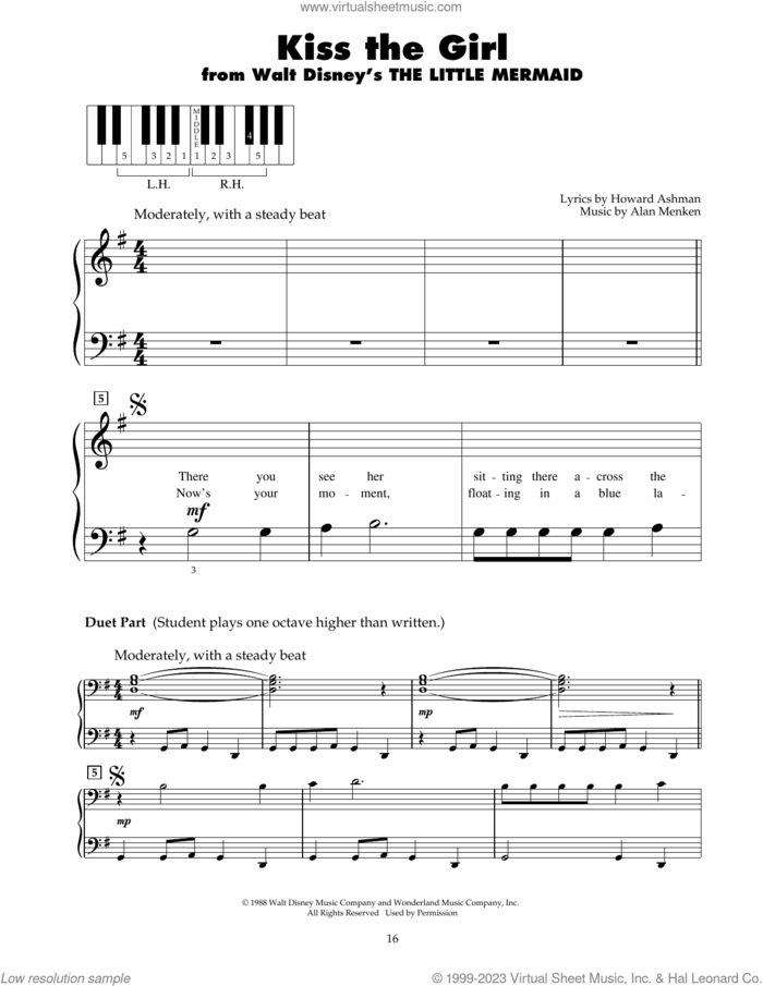 Kiss The Girl (from The Little Mermaid) sheet music for piano solo (5-fingers) by Alan Menken, Alan Menken & Howard Ashman and Howard Ashman, beginner piano (5-fingers)