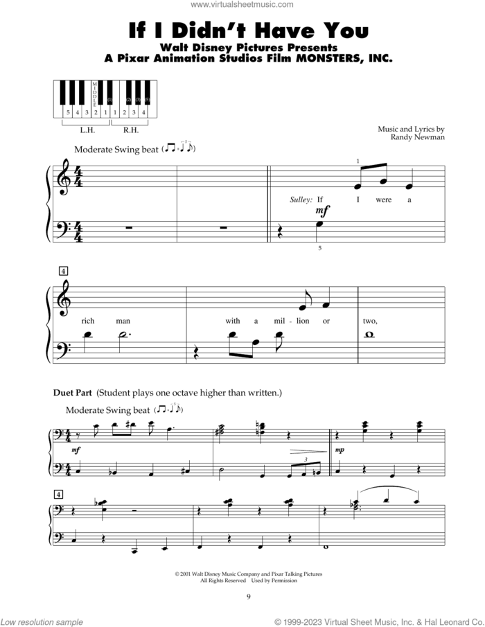 If I Didn't Have You (from Monsters, Inc.) sheet music for piano solo (5-fingers) by Billy Crystal and John Goodman and Randy Newman, beginner piano (5-fingers)