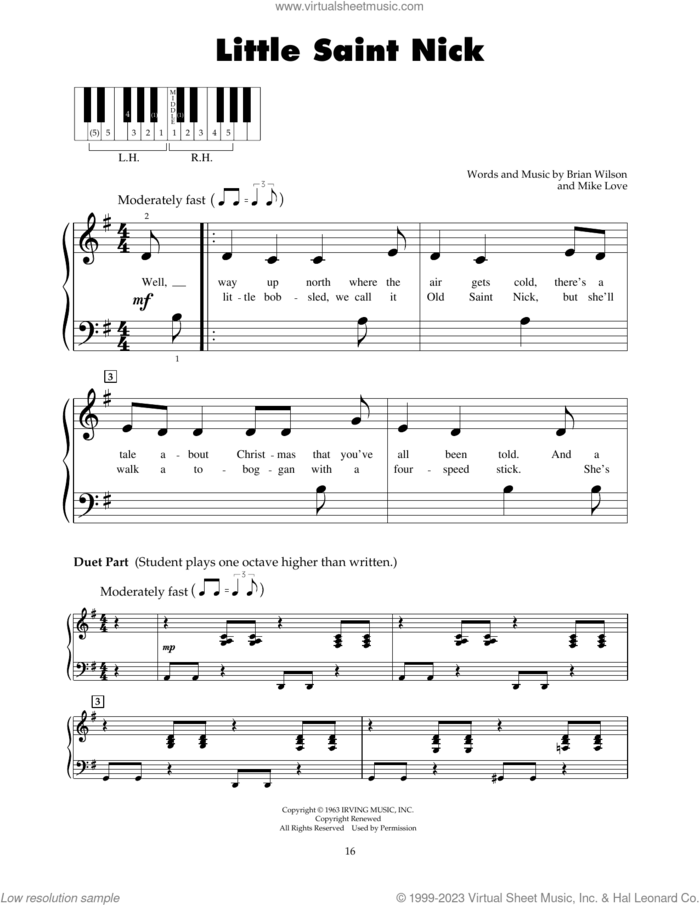 Little Saint Nick sheet music for piano solo (5-fingers) by The Beach Boys, Brian Wilson and Mike Love, beginner piano (5-fingers)