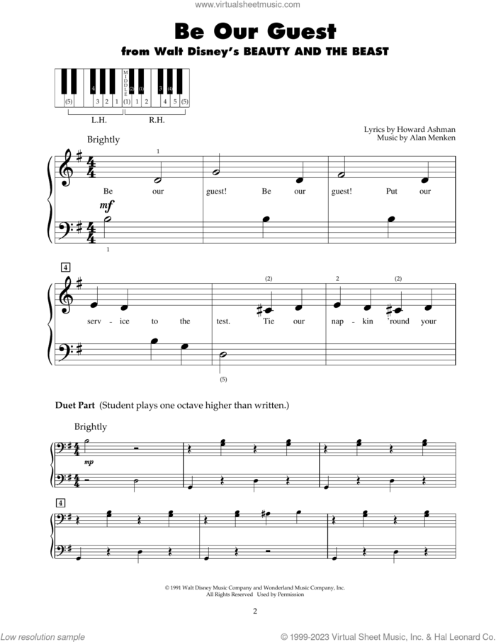 Be Our Guest (from Beauty And The Beast) sheet music for piano solo (5-fingers) by Alan Menken, Alan Menken & Howard Ashman and Howard Ashman, beginner piano (5-fingers)