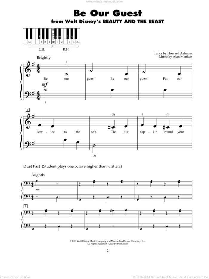 Be Our Guest (from Beauty And The Beast) sheet music for piano solo (5-fingers) by Alan Menken, Alan Menken & Howard Ashman and Howard Ashman, beginner piano (5-fingers)