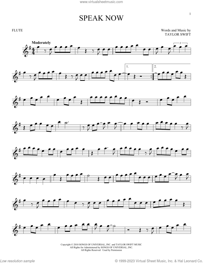 Speak Now sheet music for flute solo by Taylor Swift, intermediate skill level