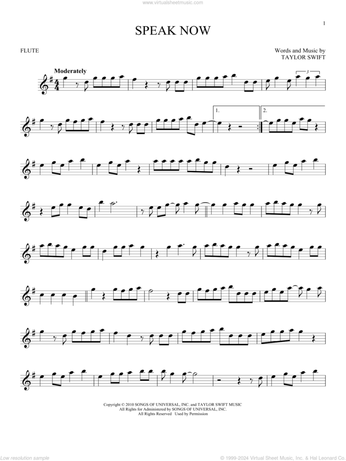 Speak Now sheet music for flute solo by Taylor Swift, intermediate skill level