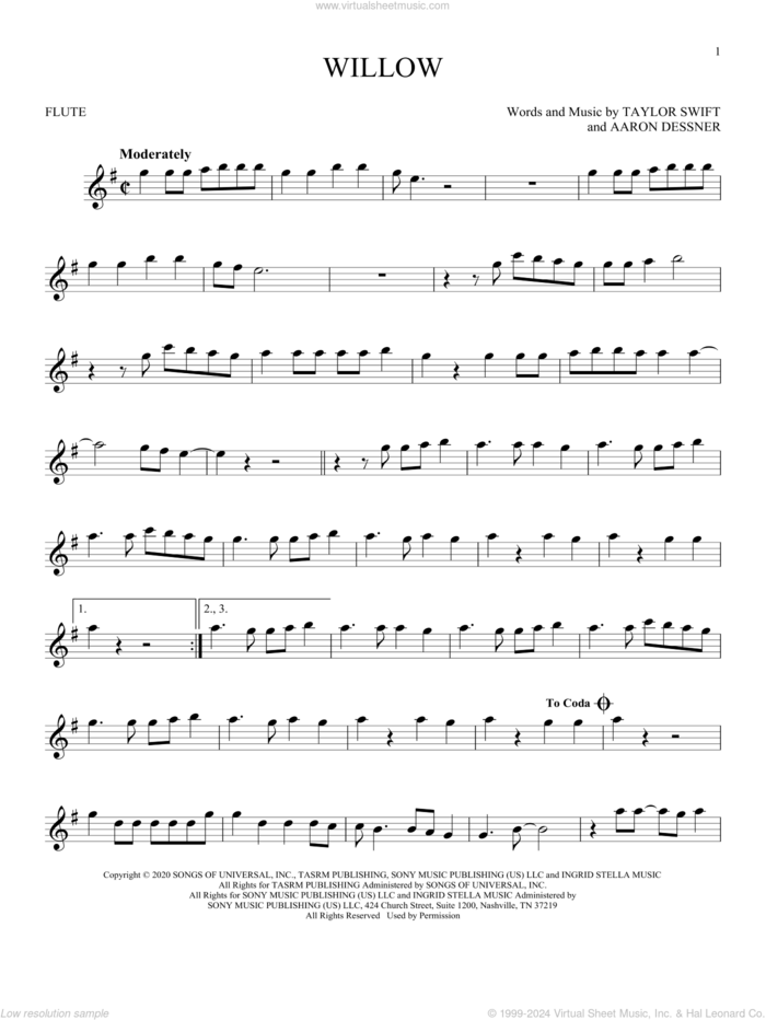 willow sheet music for flute solo by Taylor Swift and Aaron Dessner, intermediate skill level