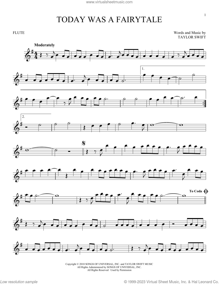 Today Was A Fairytale sheet music for flute solo by Taylor Swift, intermediate skill level