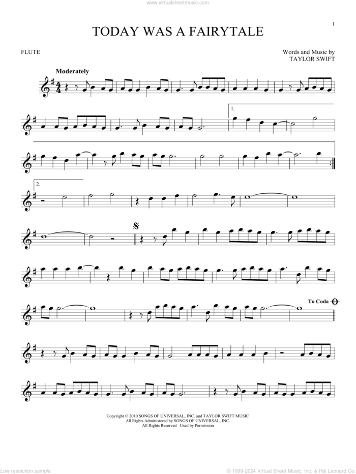 Today Was A Fairytale sheet music for flute solo by Taylor Swift, intermediate skill level