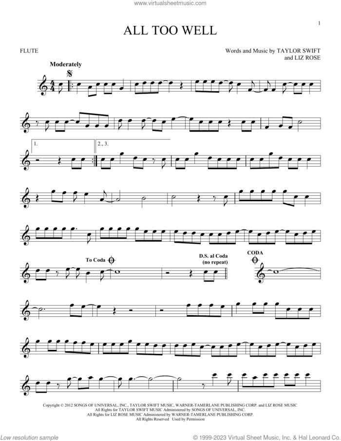 All Too Well sheet music for flute solo by Taylor Swift and Liz Rose, intermediate skill level