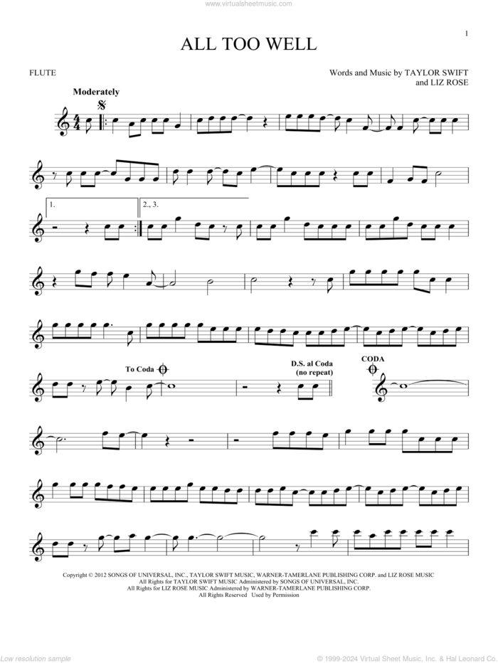 All Too Well sheet music for flute solo by Taylor Swift and Liz Rose, intermediate skill level