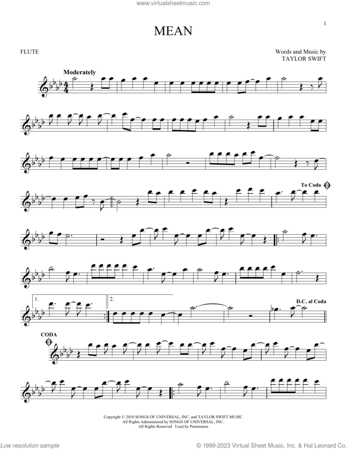 Mean sheet music for flute solo by Taylor Swift, intermediate skill level