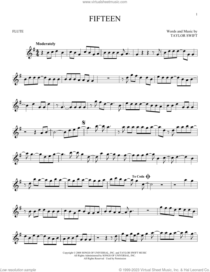 Fifteen sheet music for flute solo by Taylor Swift, intermediate skill level