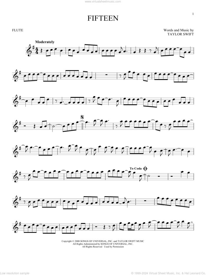 Fifteen sheet music for flute solo by Taylor Swift, intermediate skill level