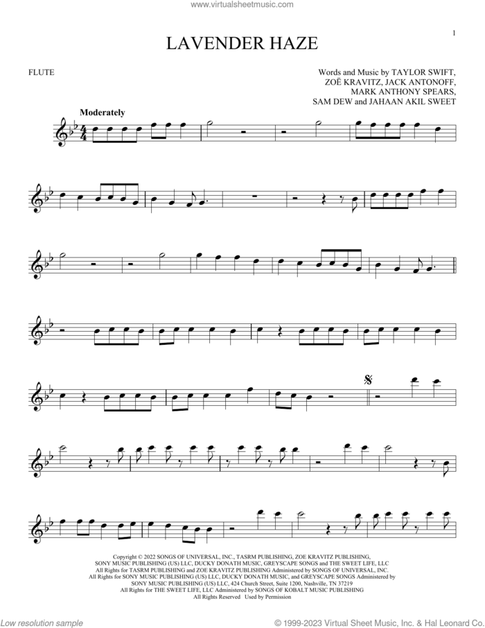 Lavender Haze sheet music for flute solo by Taylor Swift, Jack Antonoff, Jahaan Akil Sweet, Mark Anthony Spears, Sam Dew and Zoe Kravitz, intermediate skill level