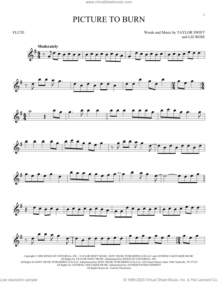 Picture To Burn sheet music for flute solo by Taylor Swift and Liz Rose, intermediate skill level