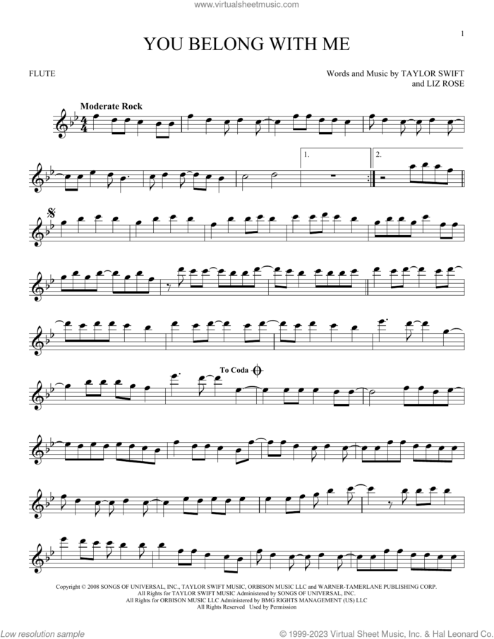 You Belong With Me sheet music for flute solo by Taylor Swift and Liz Rose, intermediate skill level